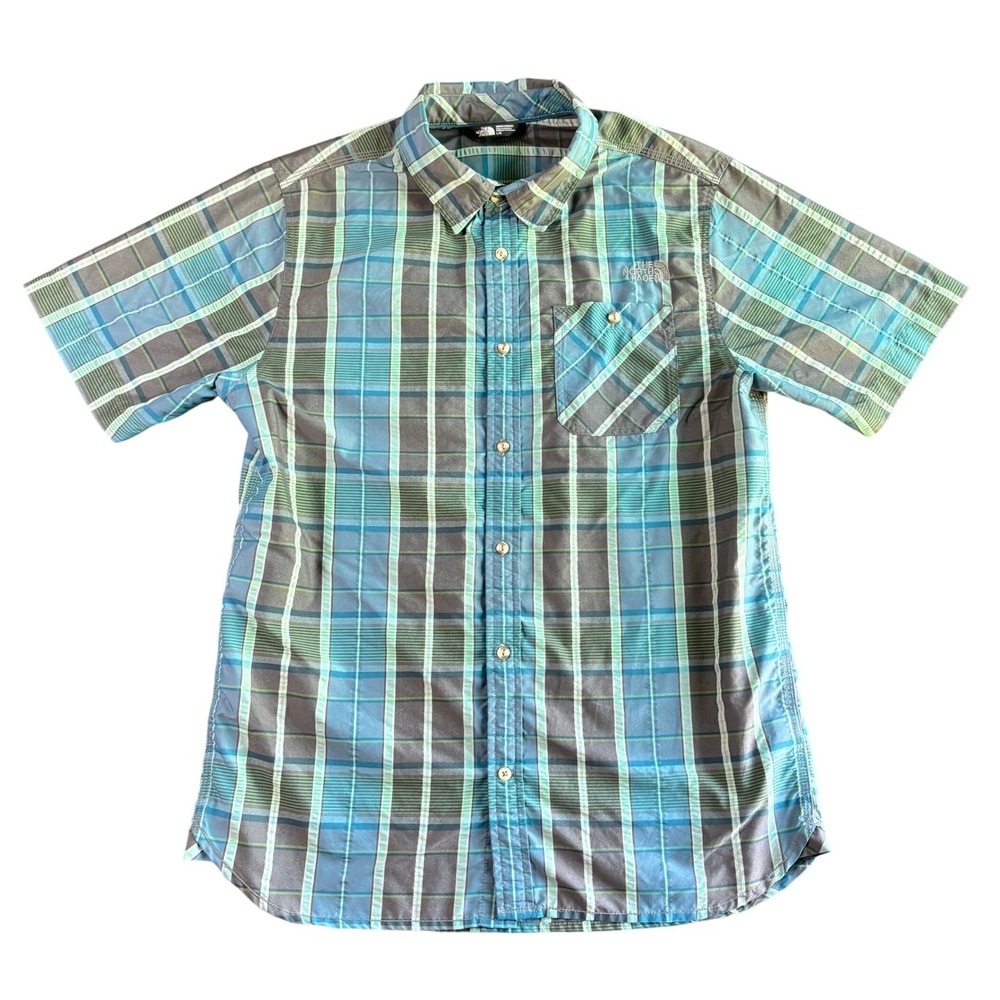 The North Face Mens Large Short Sleeve Plaid Button Down Hiking Shirt Blue Green